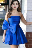 Chic A-line Sleeveless Strapless Ruched Lace Up Short Homecoming Dresses with Bow