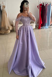 Chic Purple Off The Shoulder Long Sleeve A-Line Prom Dress Rhinestones and Beads