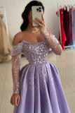 Chic Purple Off The Shoulder Long Sleeve A-Line Prom Dress Rhinestones and Beads