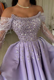 Chic Purple Off The Shoulder Long Sleeve A-Line Prom Dress Rhinestones and Beads