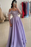 Chic Purple Off The Shoulder Long Sleeve A-Line Prom Dress Rhinestones and Beads