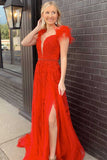 A-Line Appliques Red Feathers Long Party Dress