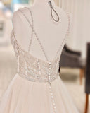 A-line Backless Long Wedding Dress With Pearl V-neck