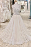 A-line Backless Long Wedding Dress With Pearl V-neck