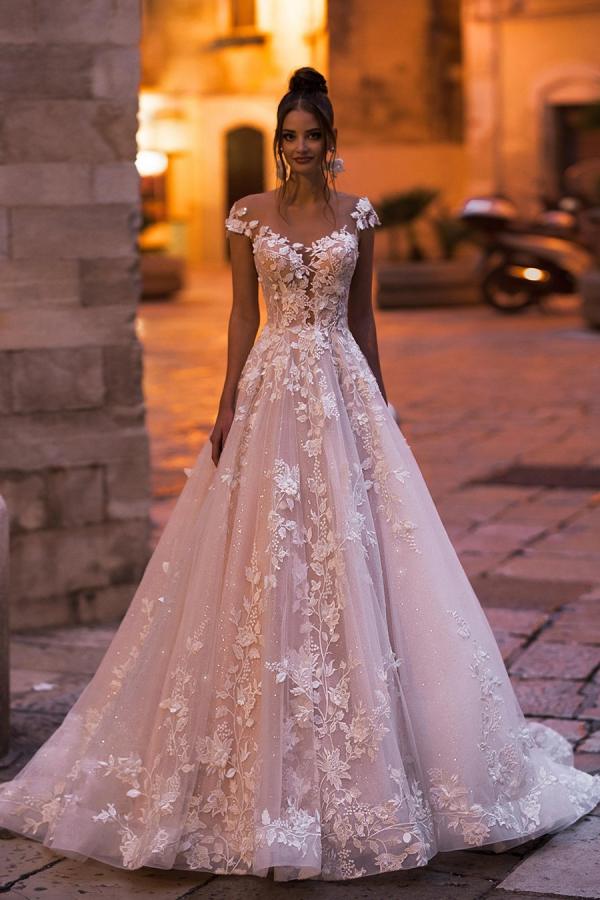 A-Line Bateau Backless Floor-Length Sequin Wedding Dress with Lace Appliques