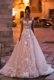 A-Line Bateau Backless Floor-Length Sequin Wedding Dress with Lace Appliques