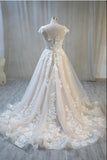 A-Line Bateau Backless Floor-Length Wedding Dress with Lace Tulle Appliques