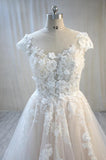 A-Line Bateau Backless Floor-Length Wedding Dress with Lace Tulle Appliques