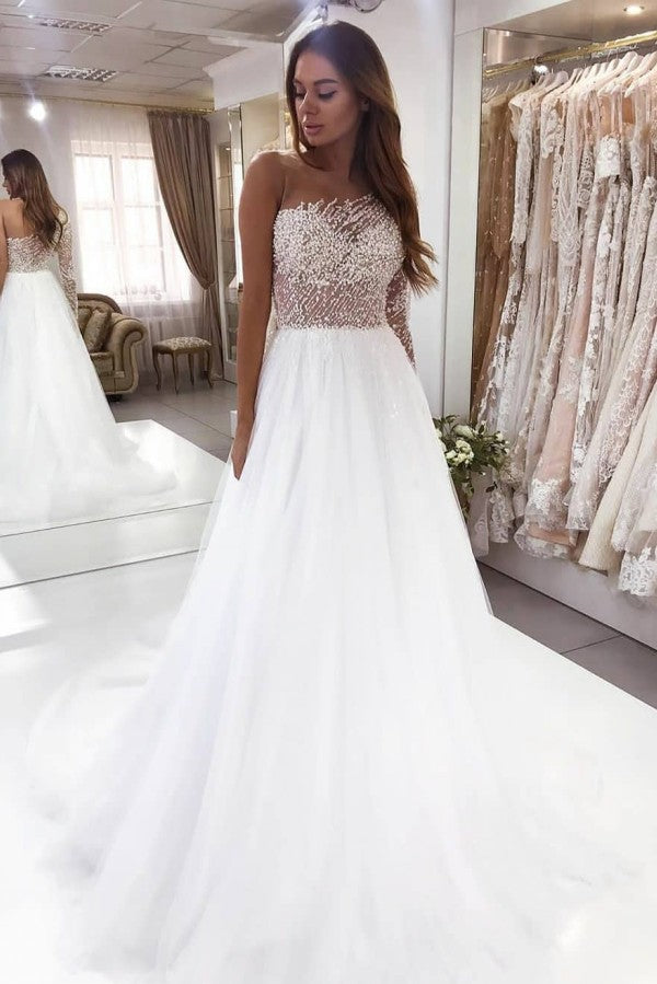 A-Line Bateau Long Sleeve Floor-Length Wedding Dress with Pearl Lace