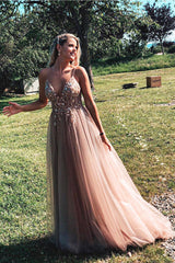 A-Line Beaded Long Rosewood Prom Dress with Split