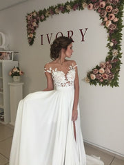 A-Line Chiffon Wedding Dress With Lace Ruffles Side Slit Appliques