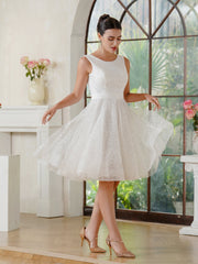 A-Line Crew Tulle Sleeveless Short Back Lace-up Prom Dresses with Sequins