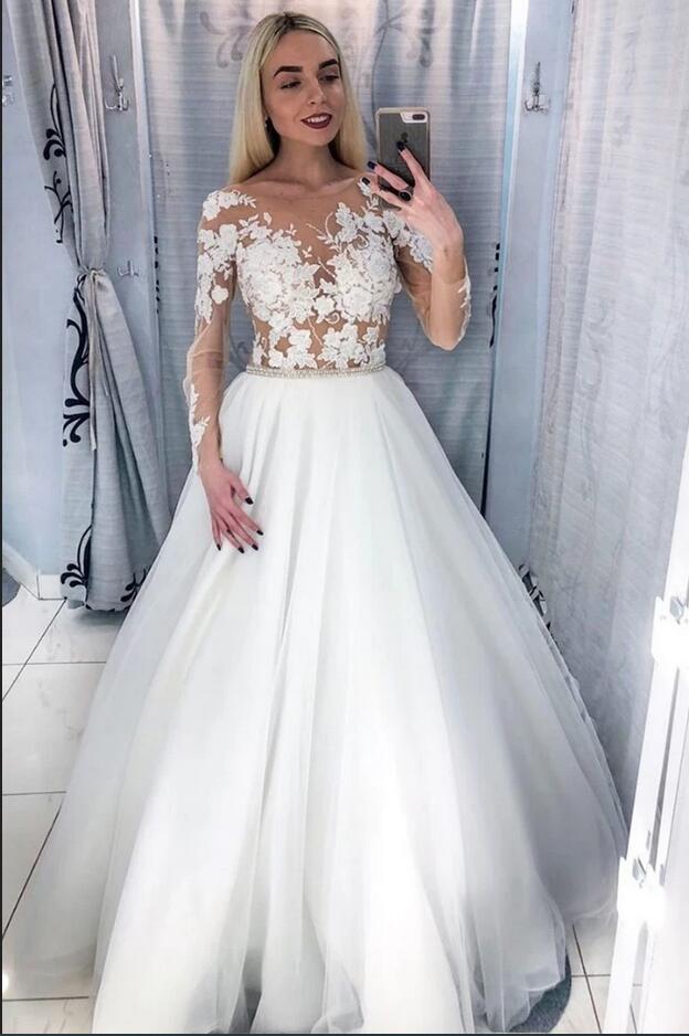 A-line Crystal Wedding Dress Deep V-neck Floor-length With Appliques Lace