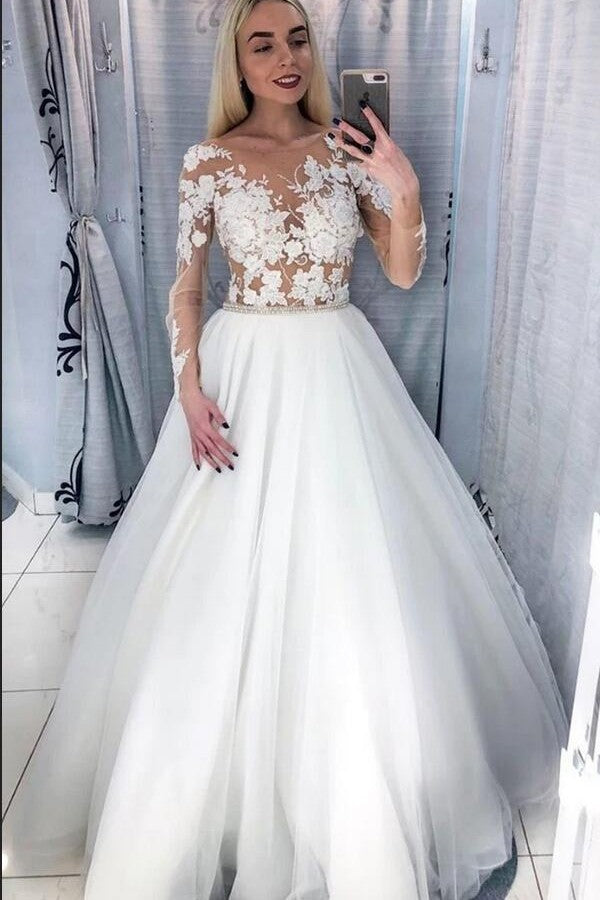 A-line Crystal Wedding Dress Deep V-neck Floor-length With Appliques Lace