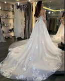 A-Line Deep V-neck Backless Wedding Dress Long Sleeves Pearl With Appliques Lace