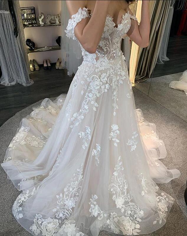 A-Line Deep V-neck Backless Wedding Dress Long Sleeves Pearl With Appliques Lace