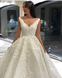 A-Line Deep V-Neck Floor-Length Wedding Dress with Lace and Sequin Appliques