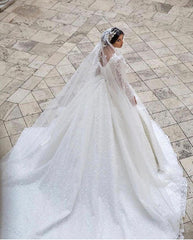 A-Line Deep V-Neck Long Sleeve Train Wedding Dress with Lace Appliques