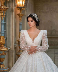 A-Line Deep V-Neck Long Sleeve Train Wedding Dress with Lace Appliques