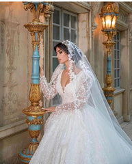 A-Line Deep V-Neck Long Sleeve Train Wedding Dress with Lace Appliques