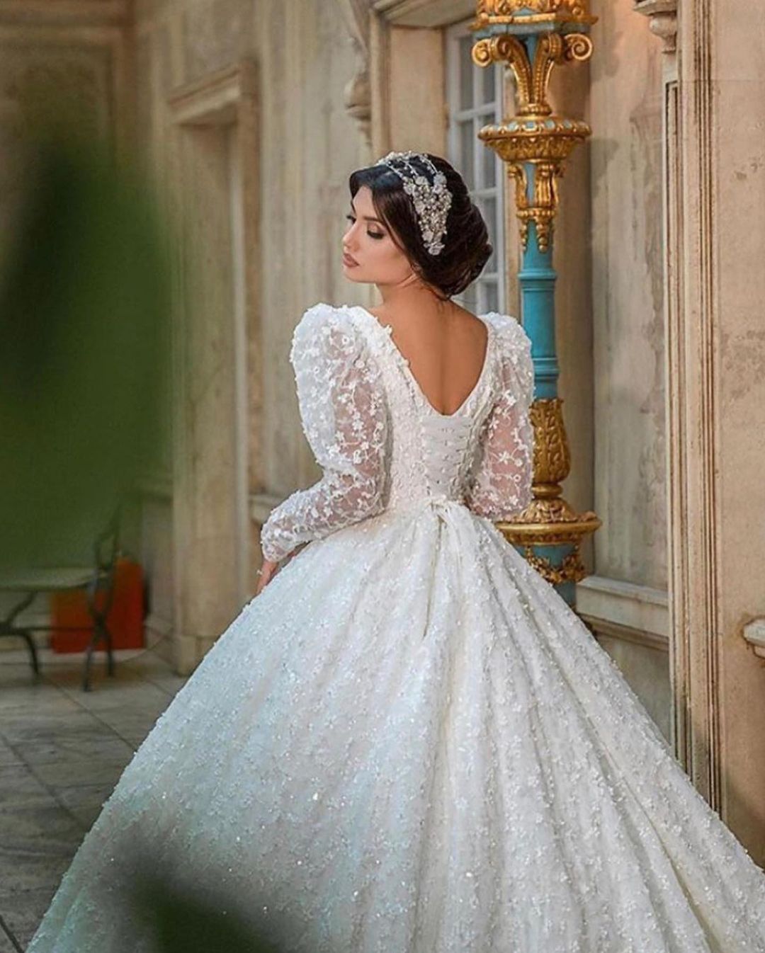 A-Line Deep V-Neck Long Sleeve Train Wedding Dress with Lace Appliques