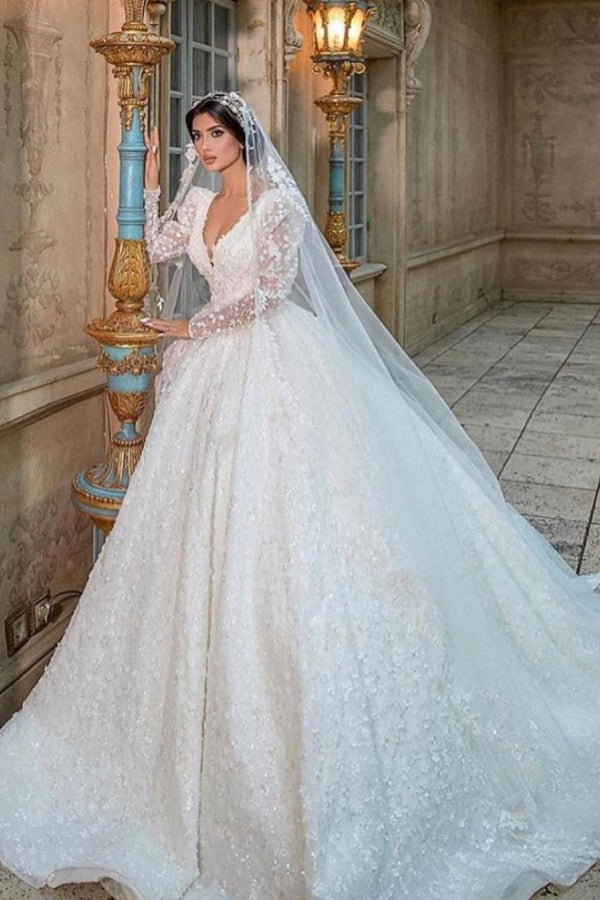 A-Line Deep V-Neck Long Sleeve Train Wedding Dress with Lace Appliques