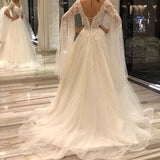 A-Line Deep V-Neck Short Sleeve Backless Floor-Length Wedding Dress with Pearl Lace Appliques