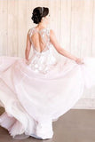 A-Line Deep V-Neck Wide Strap Tulle Wedding Dress with Open Back and Lace Appliques