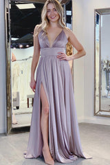 A-Line Empire Sky Blue Prom Dress with Side Slit