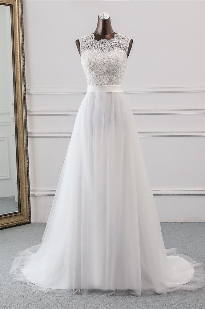 A-Line Jewel Neck Tulle Long Wedding Dress with Lace Appliques