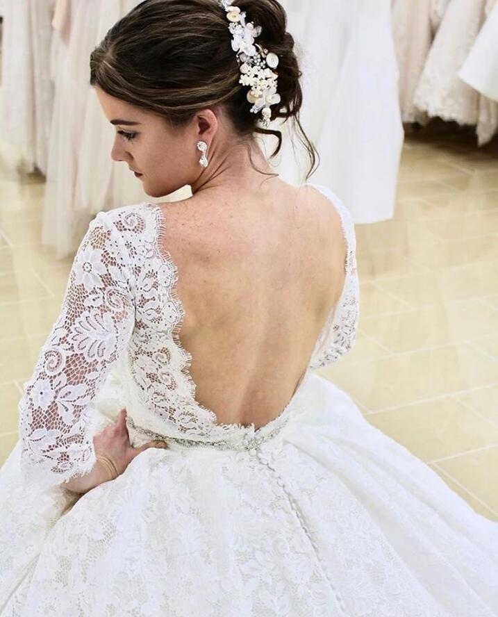 A-line Lace Backless Long Wedding Dress With Sleeves