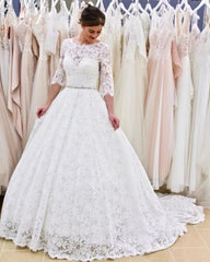 A-line Lace Backless Long Wedding Dress With Sleeves