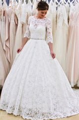 A-line Lace Backless Long Wedding Dress With Sleeves