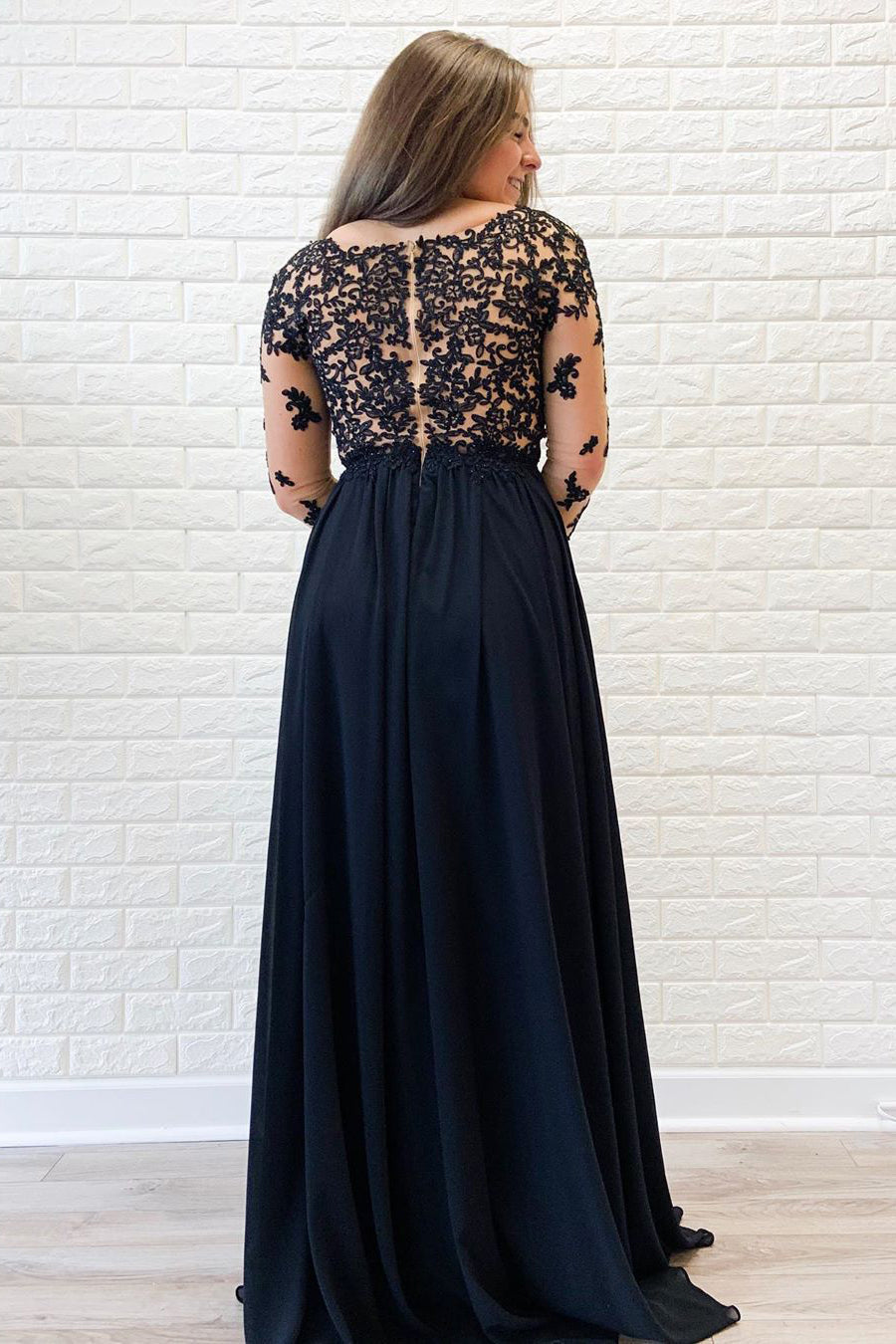 A-Line Long Sleeves Appliques Navy Blue Prom Dress with Slit