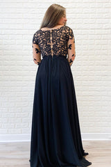 A-Line Long Sleeves Appliques Navy Blue Prom Dress with Slit