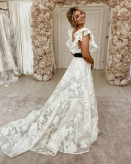 A-Line Off-the-Shoulder Backless Lace Pearl Wedding Dress with Sash Appliques