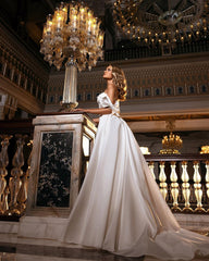 A-Line Off-the-Shoulder Lace Satin Floor-Length Wedding Dress with Sweetheart Appliques