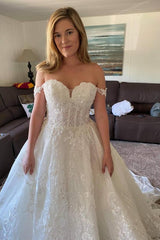 A-Line Off-the-Shoulder Lace Wedding Dress with Beaded Appliques