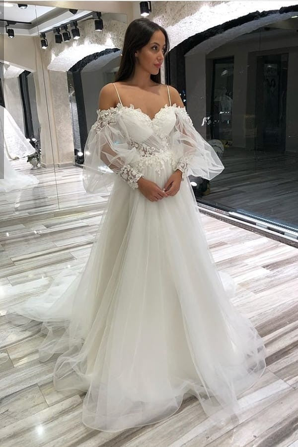 A-Line Off-the-Shoulder Long Sleeve Spaghetti Strap Wedding Dress with Lace Appliques and Tulle