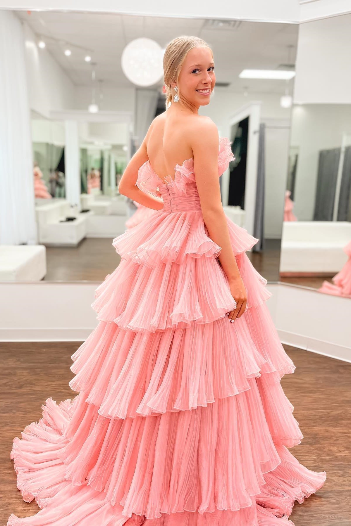 A-line Off-the-Shoulder Pink Ruffle Layers Tulle Long Prom Dress