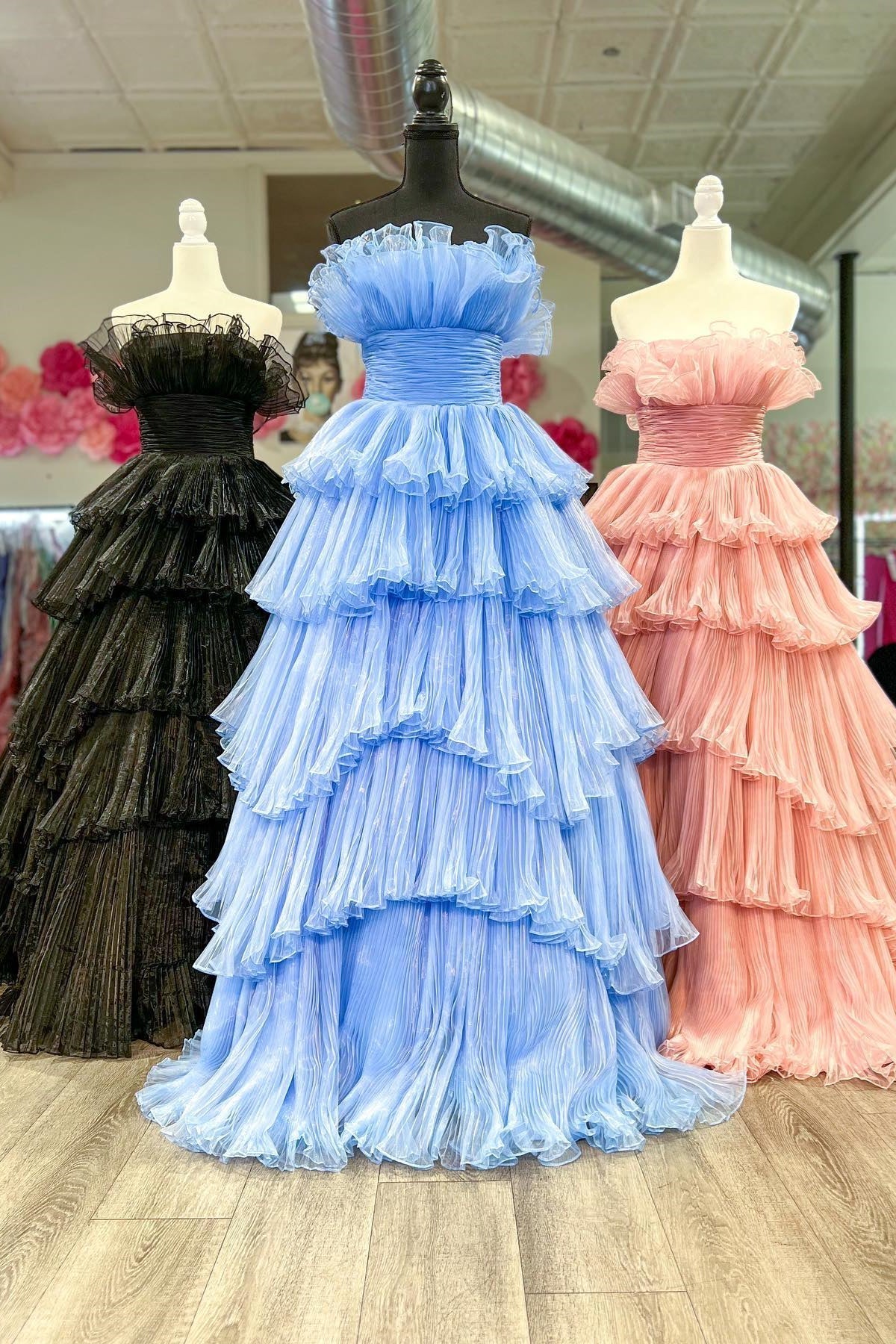 A-line Off-the-Shoulder Pink Ruffle Layers Tulle Long Prom Dress