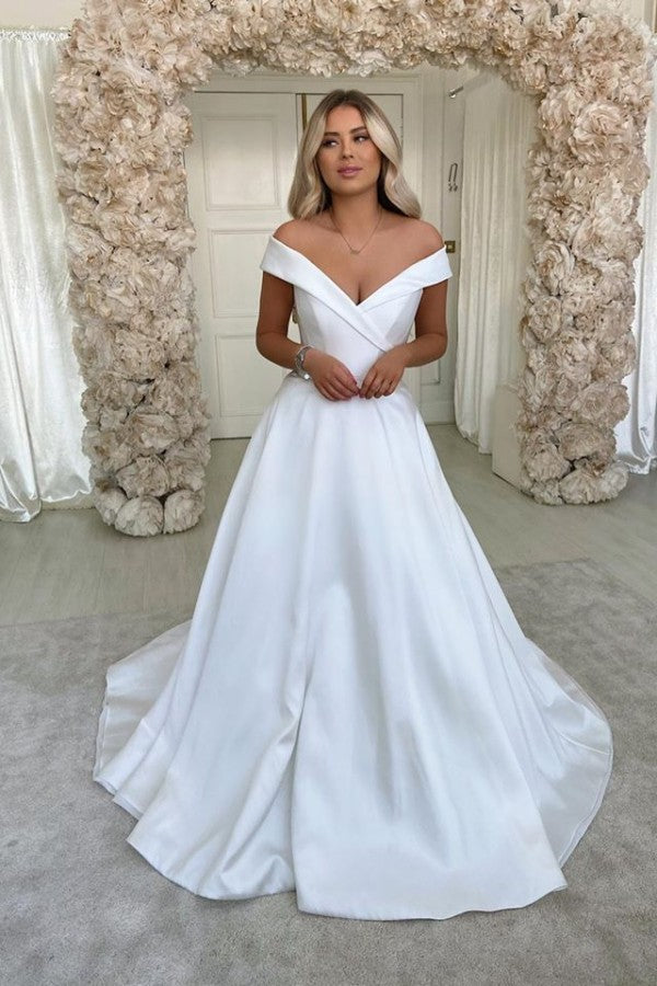 A-Line Off-the-Shoulder Satin Long Wedding Dress