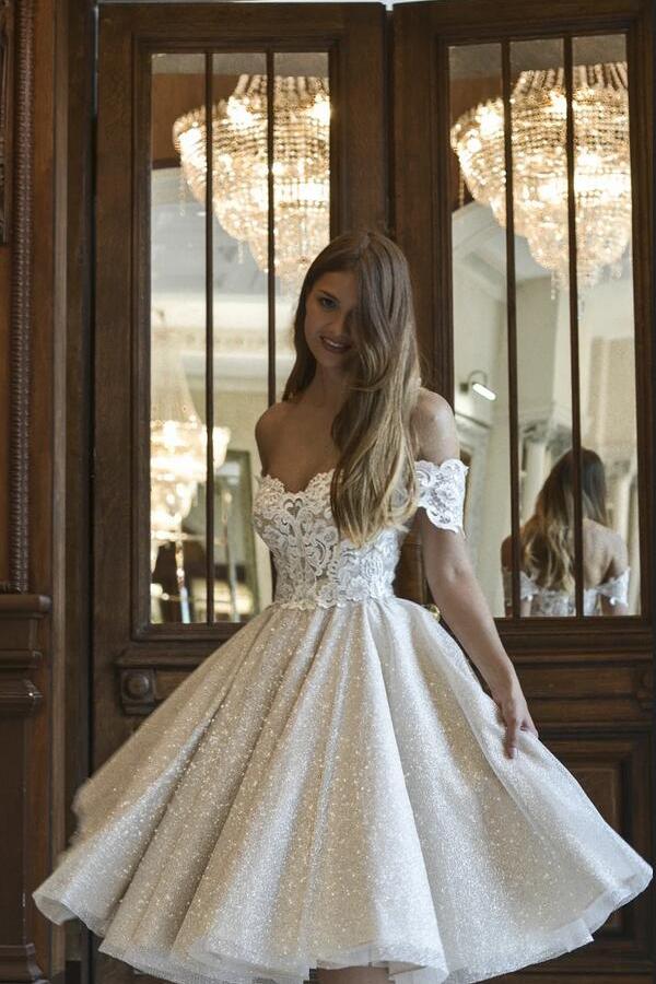 A-Line Off-the-Shoulder Short Wedding Dress with Lace Appliques