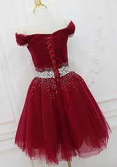 A-Line Off-the-Shoulder Sleeveless Tulle Homecoming Dress with Pleated Beading - Babyonlines