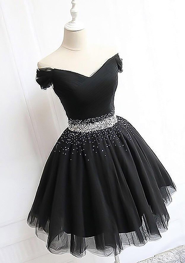 A-Line Off-the-Shoulder Sleeveless Tulle Homecoming Dress with Pleated Beading - Babyonlines