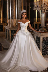 A-Line Off-the-Shoulder Sweetheart Backless Satin Wedding Dress with Ruffles and Appliques