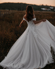 A-Line Off-the-Shoulder Tulle Wedding Dress with Lace Appliques