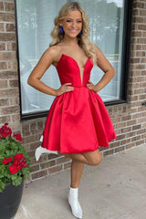 A-Line Plunging Neck Red Satin Homecoming Dress