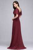 A Line Poet Sleeves Ruffle Chiffon V-Neck Long Bridesmaid Dress