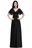 A Line Poet Sleeves Ruffle Chiffon V-Neck Long Bridesmaid Dress